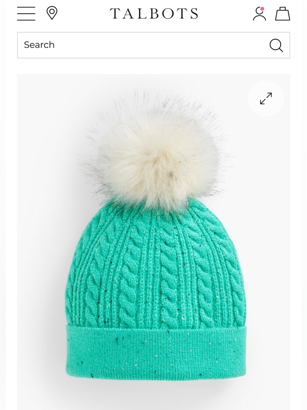 Talbots Kitty Tweed Fur Pom Cable Knit Fleck Aqua Blue Beanie Stocking Hat NWOT